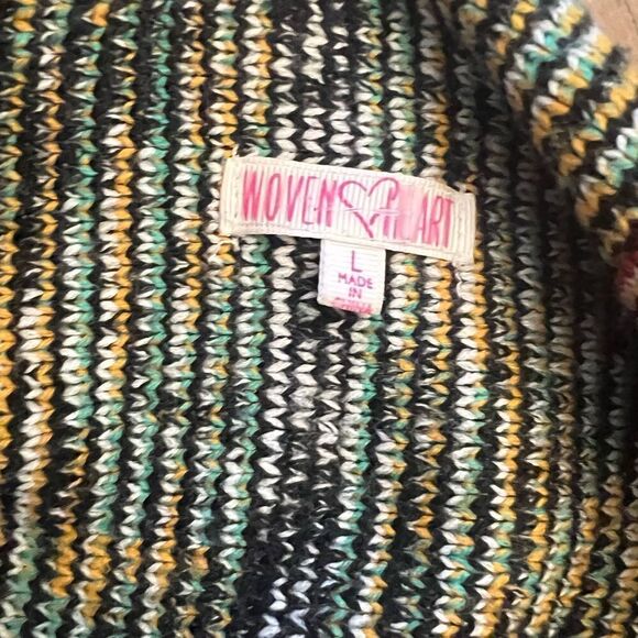 Woven Heart open cardigan fringe shawl knot sweater. Women’s size L. Southwest. - Picture 6 of 7